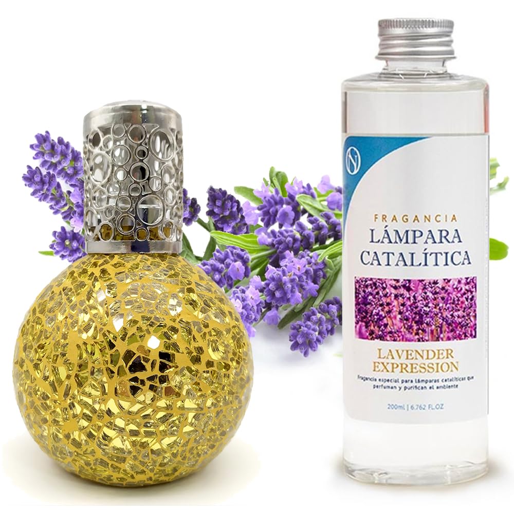 Lámpara Catalítica Mosaico Dorado + Aroma Lavender Expression 500ml - Elimina Malos Olores, Impurezas Y Perfuma_0