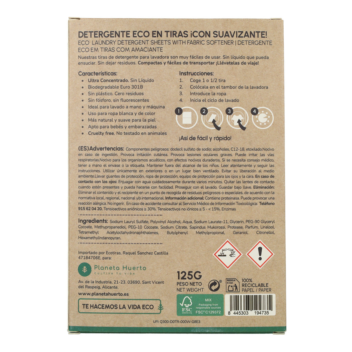 Embalagem de 2 Eco-Strips para detergente e amaciador Planeta Huerto 40 lavagens