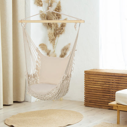 Outsunny Silla Colgante Con 2 Cojines Barra De Madera Carga 120 Kg Crema_3