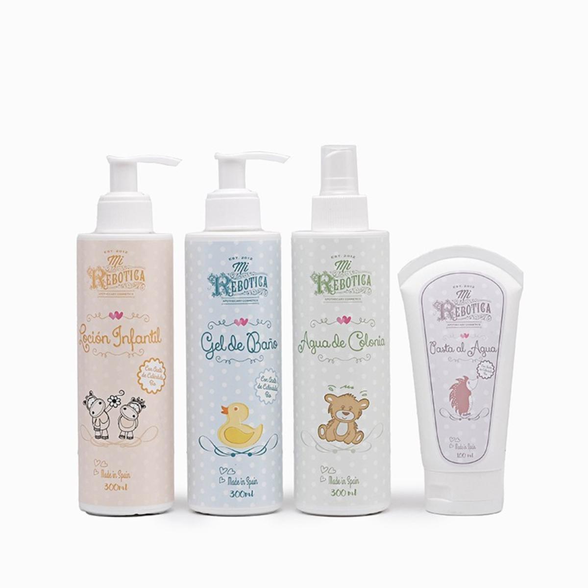 Caixa de oferta infantil em madeira: loção infantil, água de colónia infantil, pasta à base de água e gel de banho infantil Mi Rebotica