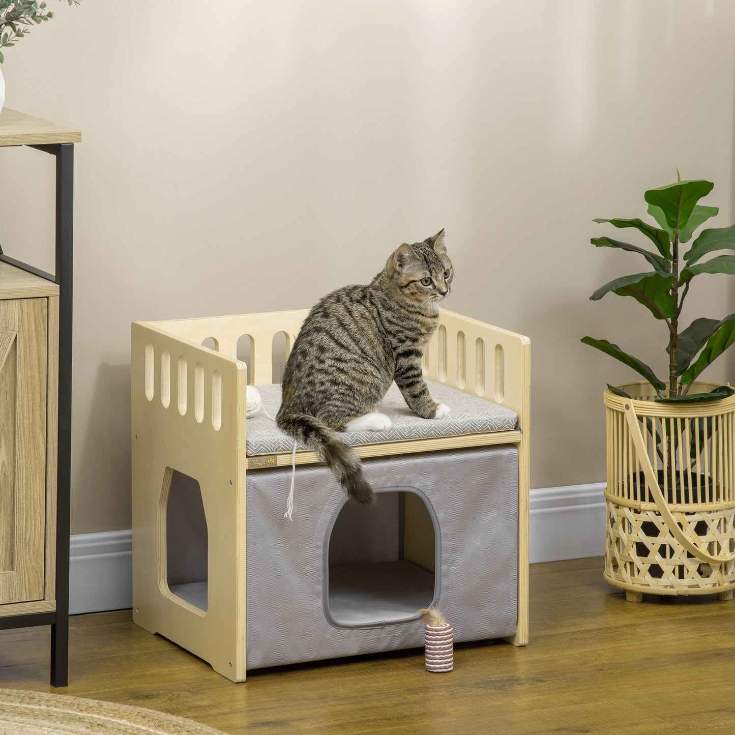 Pawhut Cama Para Gatos Madera Con 2 Cojines Cubierta De Tela Oxford 48x38x47 Cm_1
