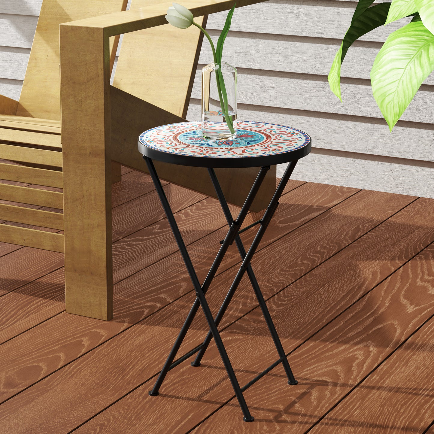 Outsunny Mesa Auxiliar Redonda Plegable Con Encimera De Mosaico Multicolor_4