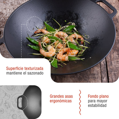 Victoria Wok Hierro Fundido Esmaltado Inducción 35,5cm, Apta Fuego, Barbacoa, Horno Cast Iron Skillet, 30926, Negro_2