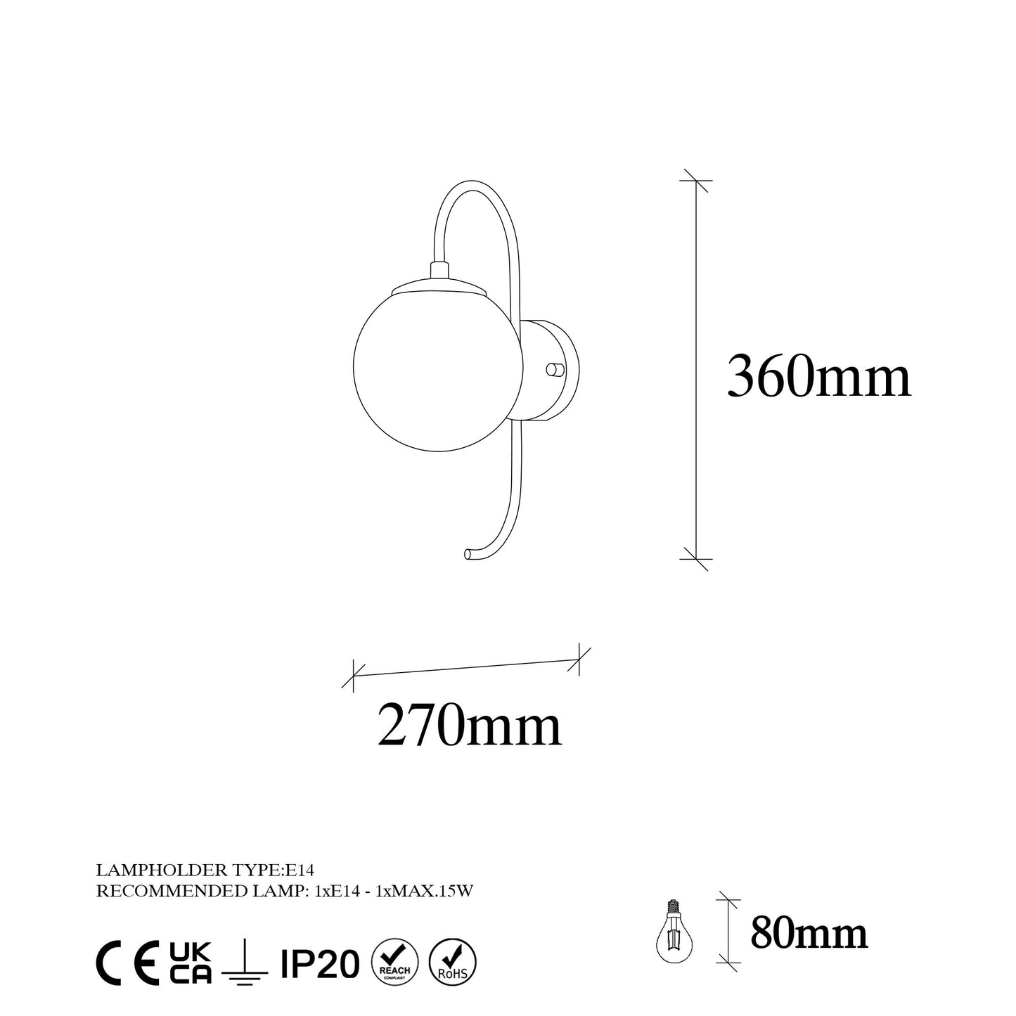 Aplique De Pared Pantalla Transparente, Metal , Negro, 15x27x36, Casquillo E14 Max 15 W