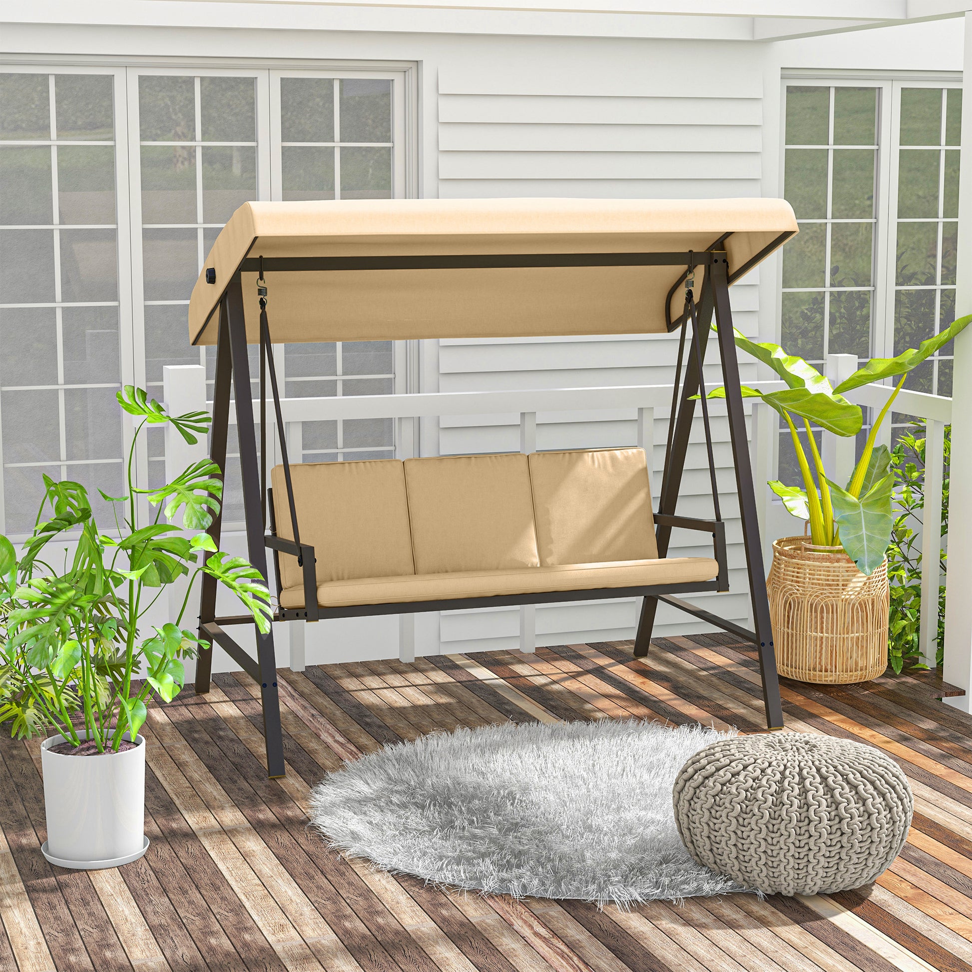 Outsunny Columpio De Jardín De 3 Plazas Con Toldo Ajustable 200x125x175 Cm Beige_1
