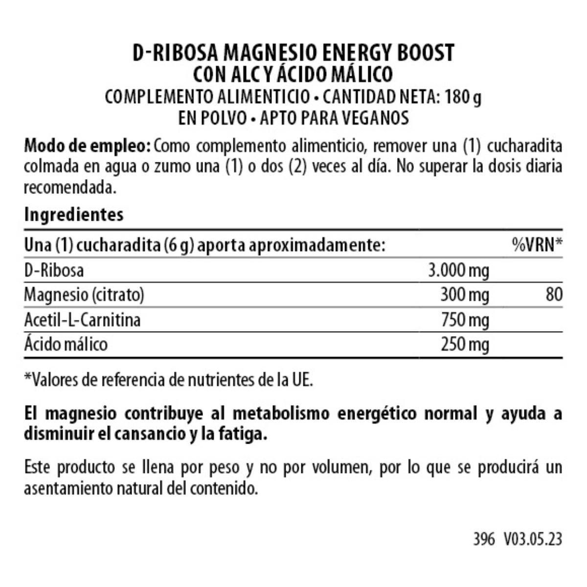 D-Ribose e Magnésio com Acetil-L-Carnitina 180 g