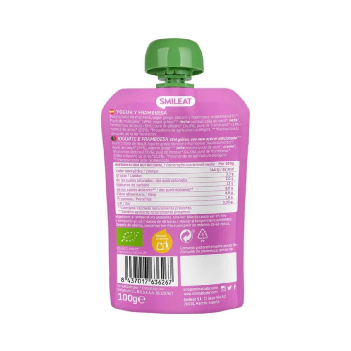 Embalagem de 4 saquetas de iogurte biológico e framboesa Smileat, 100 g