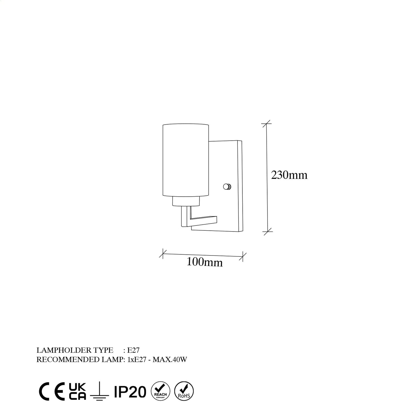Aplique De Pared, Metal , Negro, 10x19x23, Casquillo E27 Max 40 W