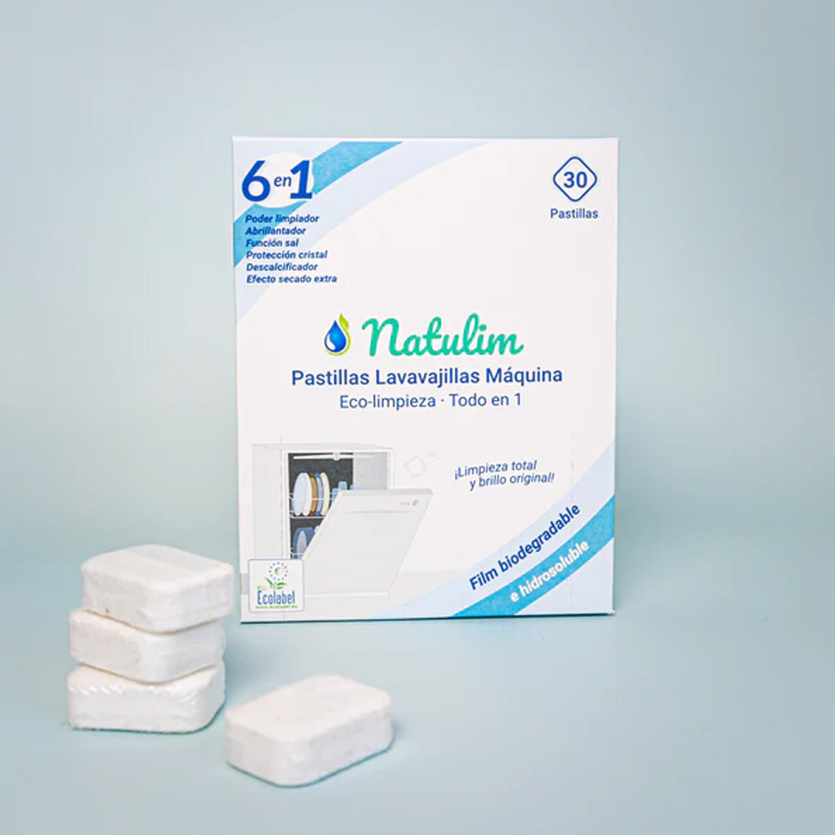 Embalagem com 10 pastilhas Eco 6 em 1 para máquina de lavar loiça, Natulim, 30 unidades