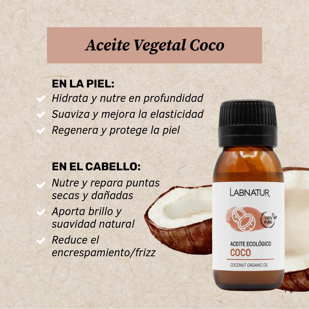 Aceite de Coco Ecológico 100% Puro Labnatur 50 ml | Hidrata y Nutre | Rostro, Cuerpo y Cabello | Vegano_1