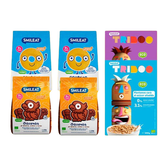 Pacote de pequeno-almoço com cereais e bolachas Smileat
