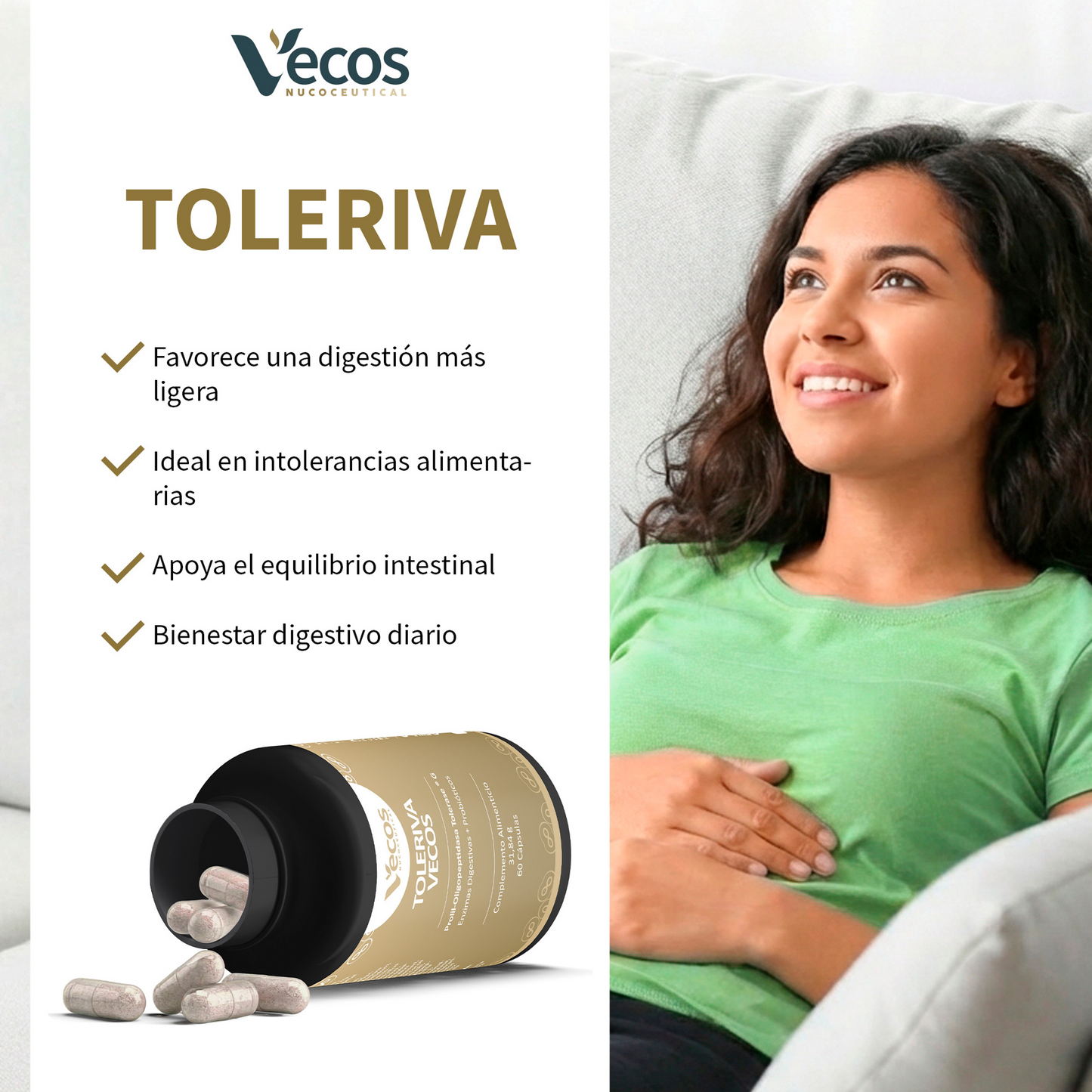 Toleriva Vecos 60 Cápsulas | Digestión Y Enzimas Digestivas | Probióticos, Lactasa Y Bromelaína_3