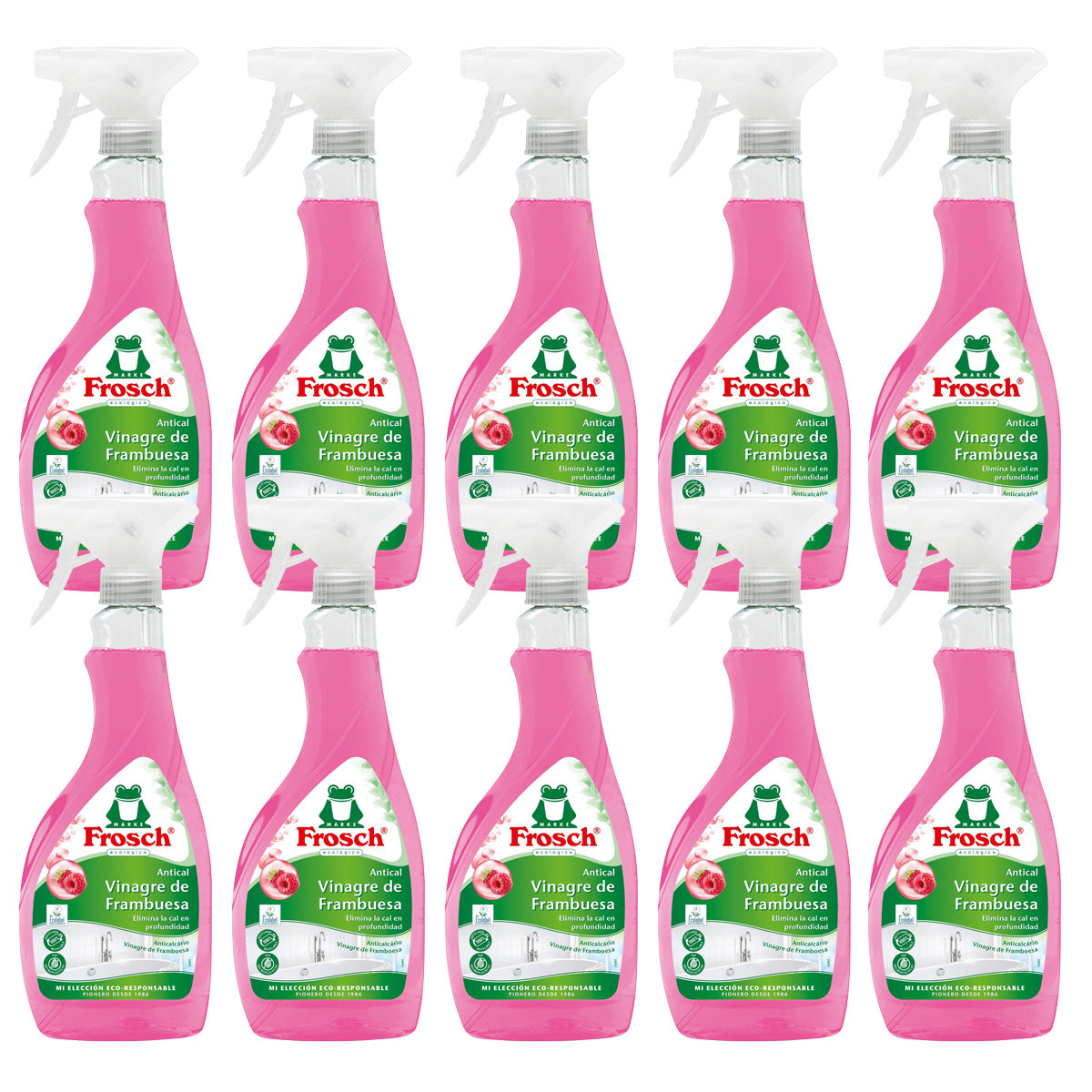 Embalagem de 10 sprays anti-calcário de framboesa Frosch 500 ml