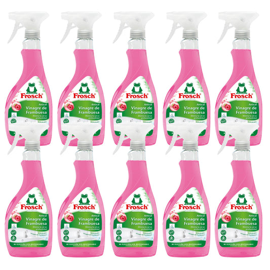 Embalagem de 10 sprays anti-calcário de framboesa Frosch 500 ml