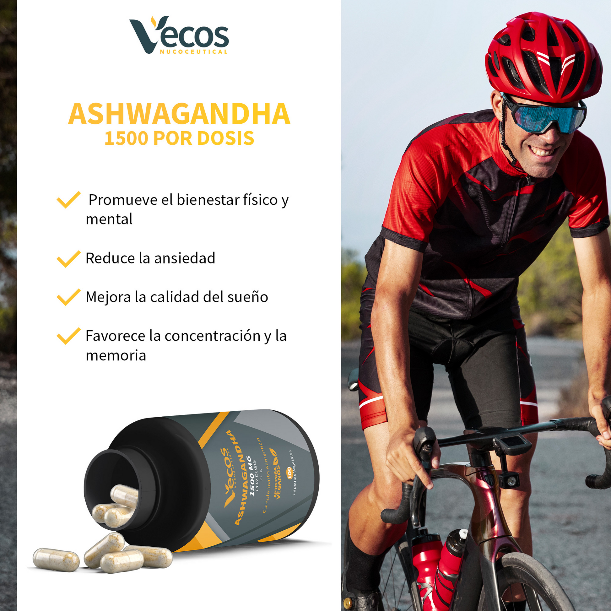 Ashwagandha 1500 mg VECOS (100 cápsulas) | Estrés y equilibrio emocional | Cápsulas vegetales | Ayuda a descansar mejor_3