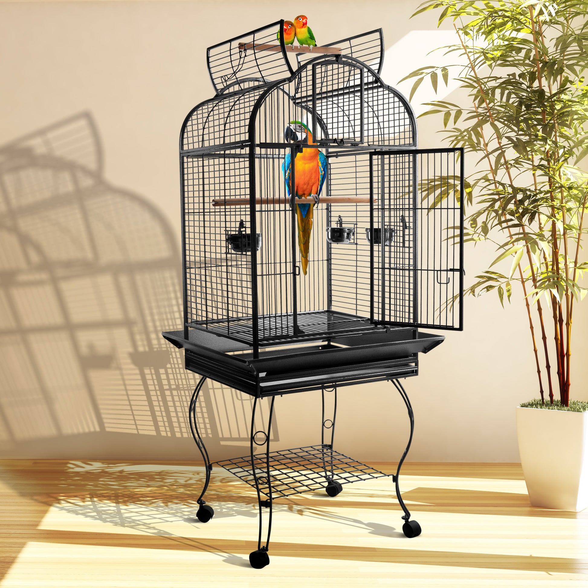 Pawhut Jaula De Pájaros Pajarera Con 2 Puertas Perchas Bandeja Ruedas 75x69x159_1