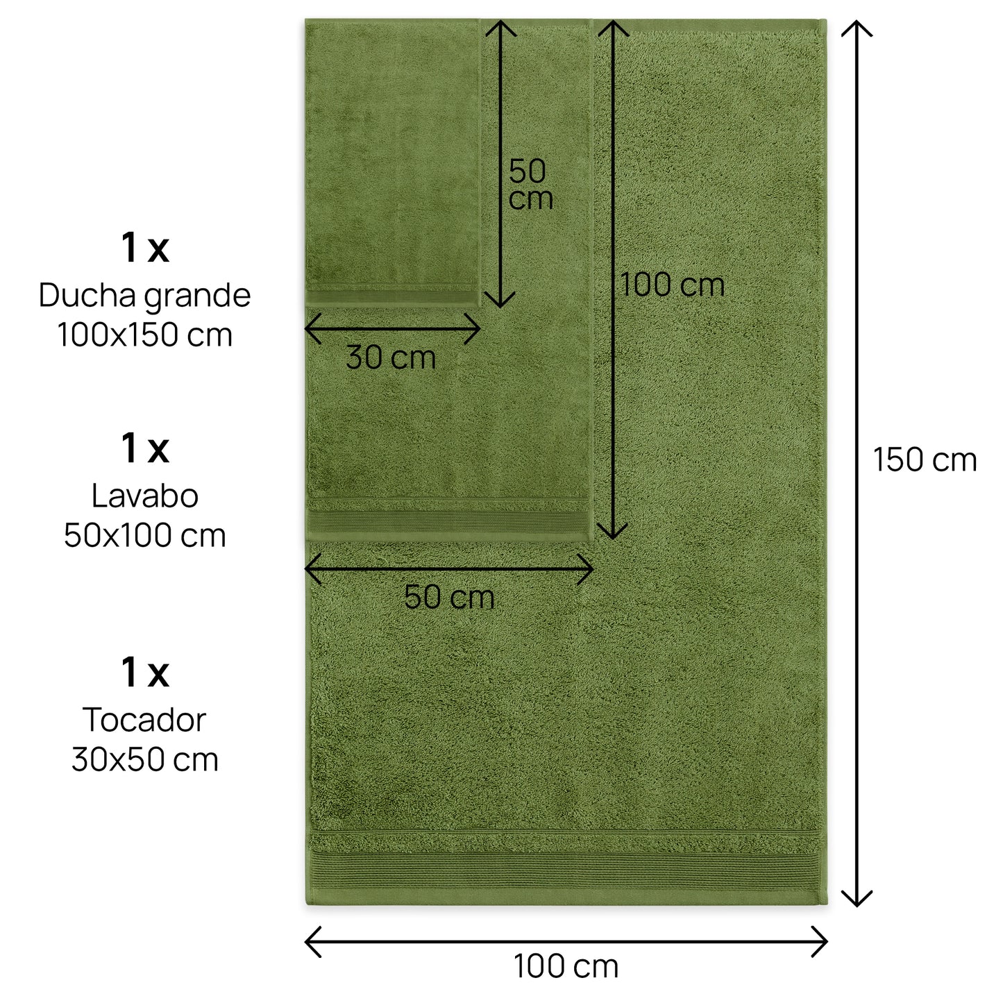 Juego De Toallas De Baño 3 Piezas: Tocador, Lavabo Y Sabana - 100% Algodón, 500 Gr Verde_2