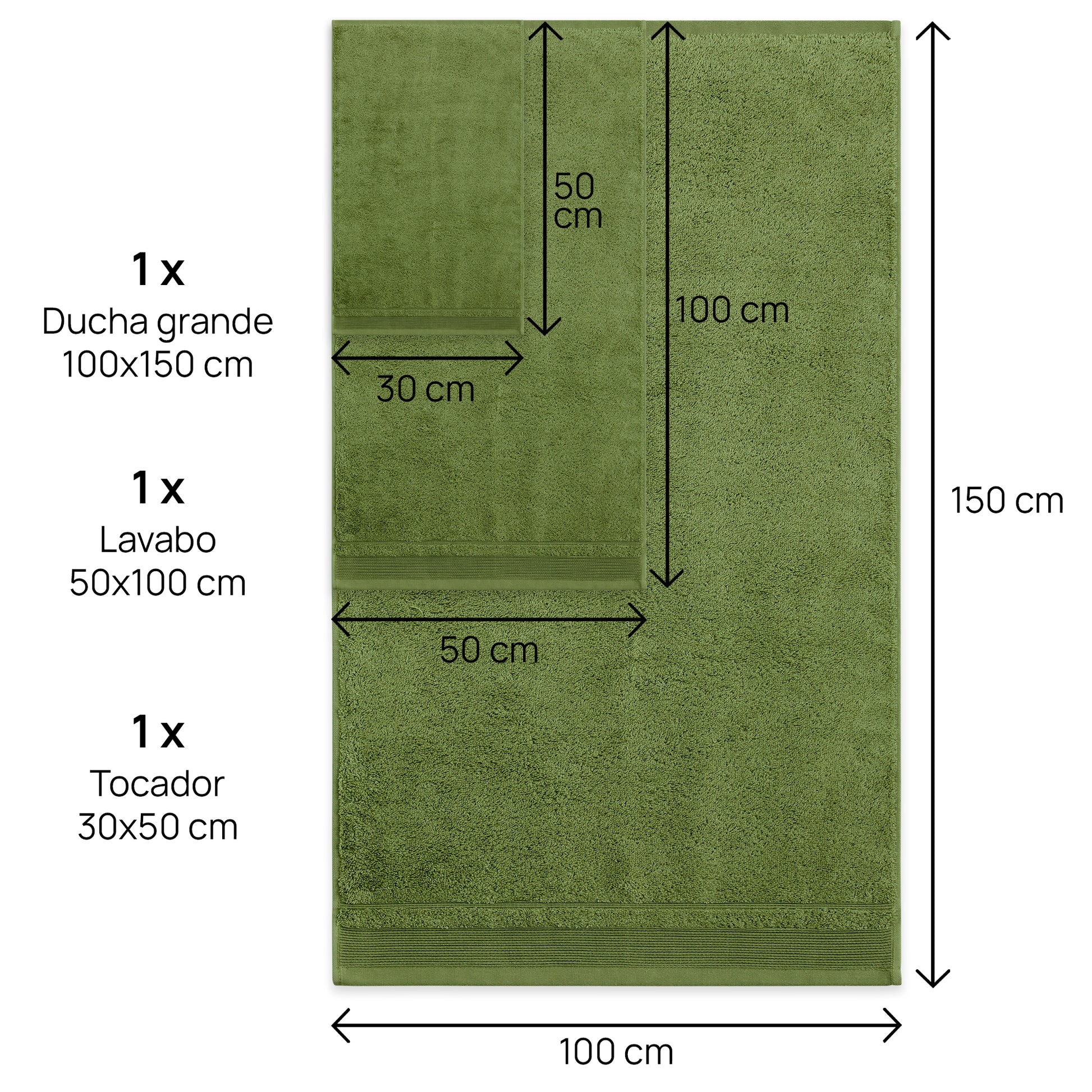 Juego De Toallas De Baño 3 Piezas: Tocador, Lavabo Y Sabana - 100% Algodón, 500 Gr Verde_2