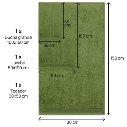 Juego De Toallas De Baño 3 Piezas: Tocador, Lavabo Y Sabana - 100% Algodón, 500 Gr Verde_2