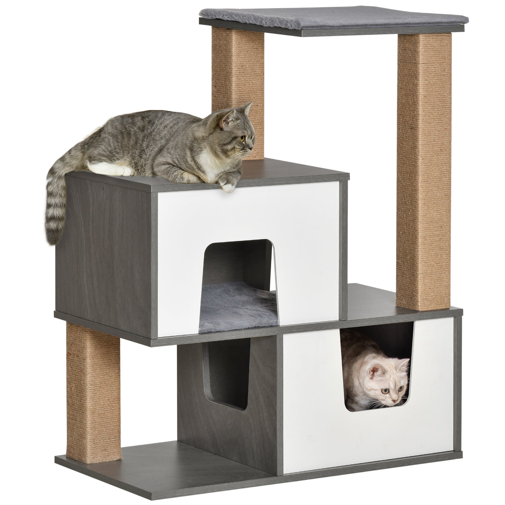 Pawhut Árbol Para Gatos De Madera Con Cuevas Cojines Plataformas Postes Rascador_0