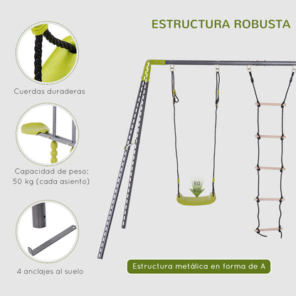 Homcom 3 En 1 Columpio De Metal Para Niños +3 Años 295x138x175 Cm Verde Y Gris_5