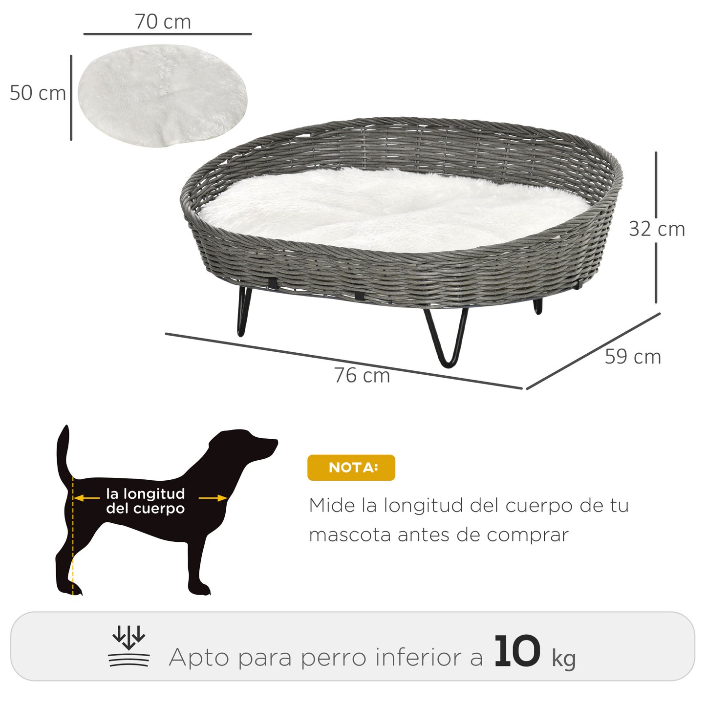 Pawhut Cama Para Perros Gatos De Mimbre Con Cojín Lavable 76x59x32cm Gris Blanco_2