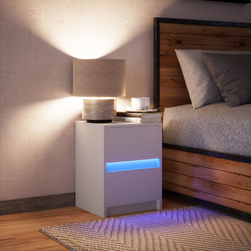Mesita De Noche Con Luces Led Madera De Ingeniería Blanca_3