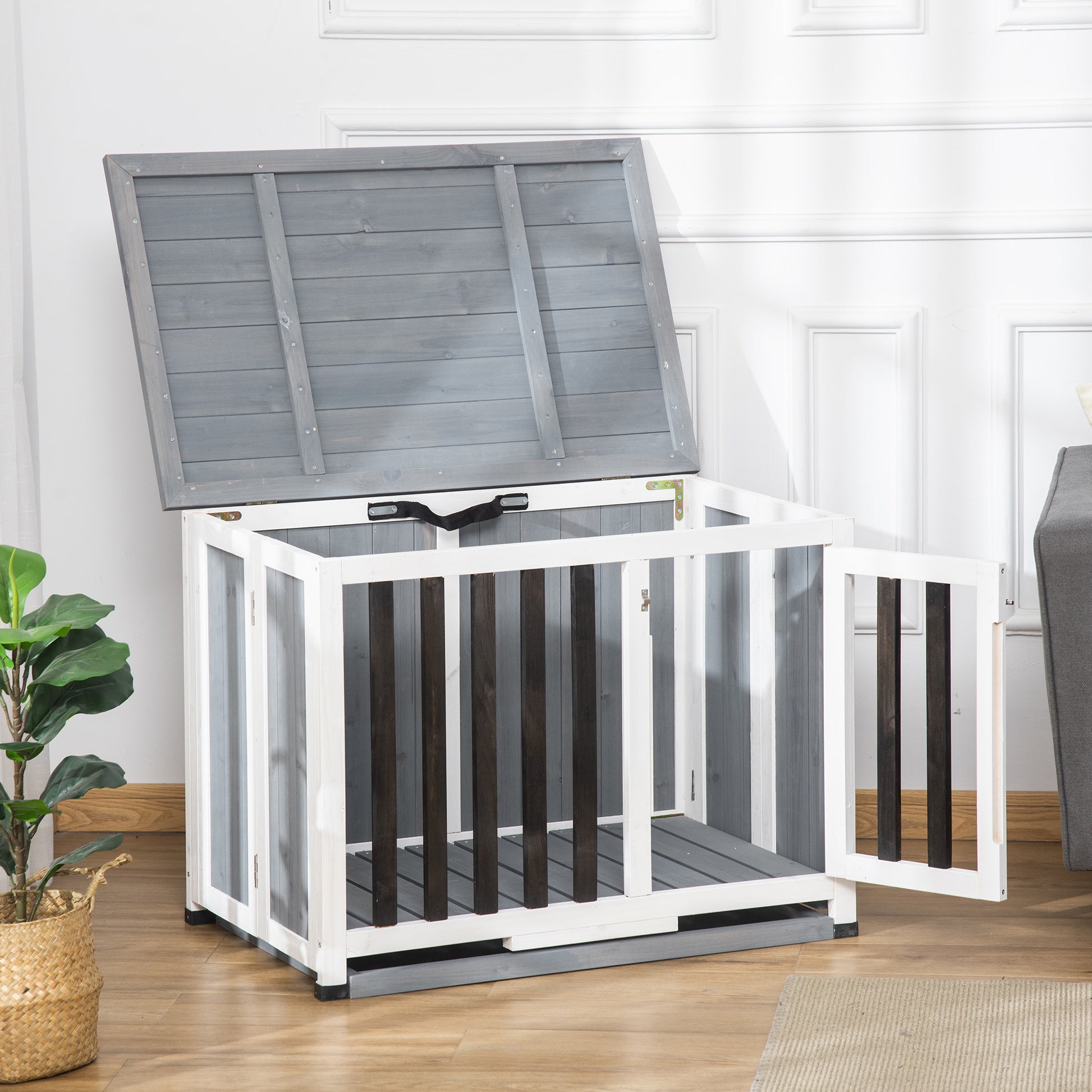 Pawhut Jaula Para Perros En Casa Plegable 84,5x51,4x61 Cm Techo Abatible Gris_1
