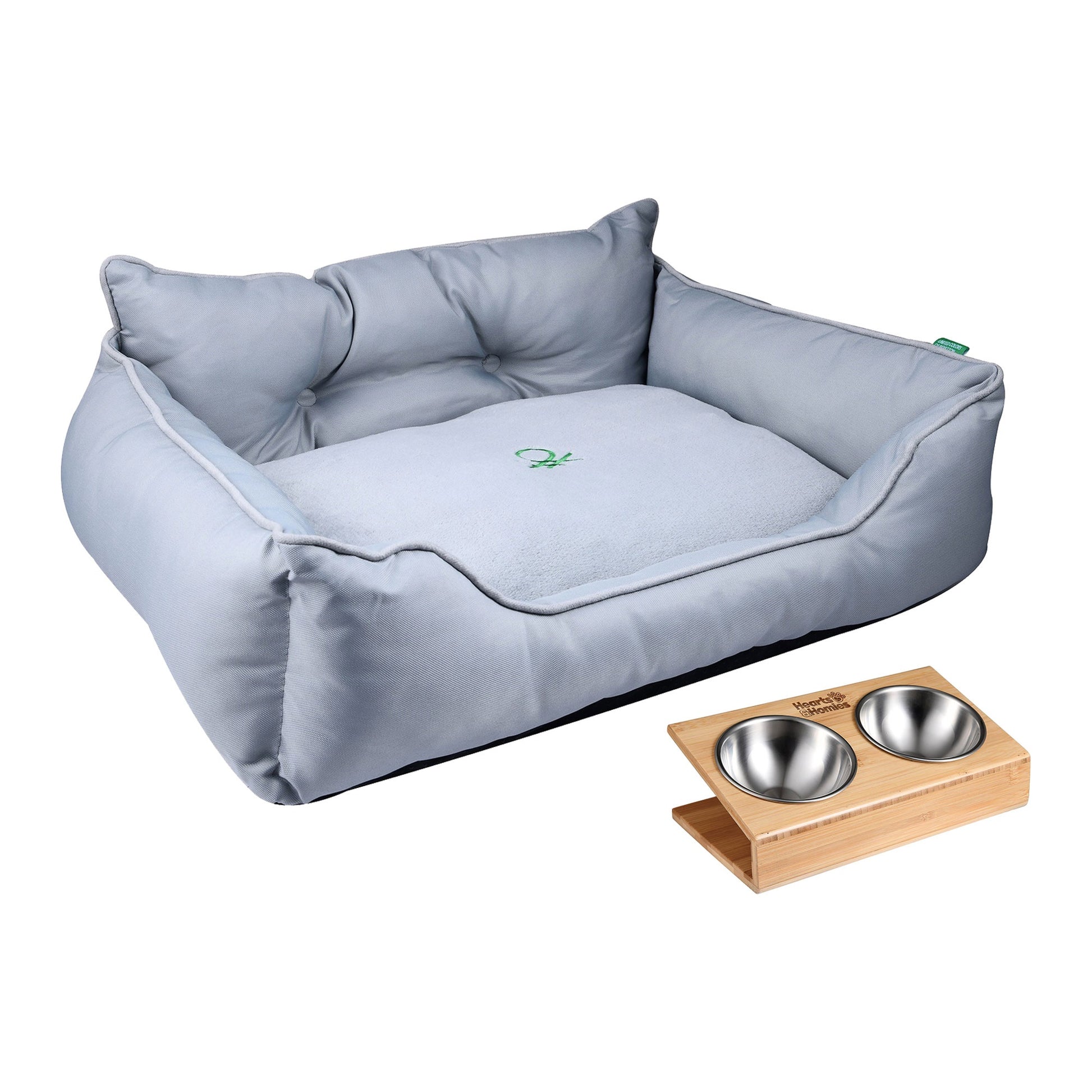 Cama Para Mascota 75x60x25cm Gris + Comedero Doble De Acero En Bambú_0