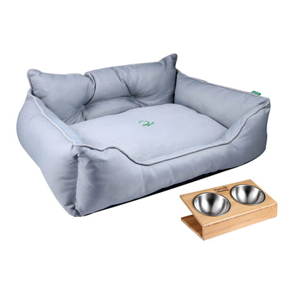Cama Para Mascota 75x60x25cm Gris + Comedero Doble De Acero En Bambú_0