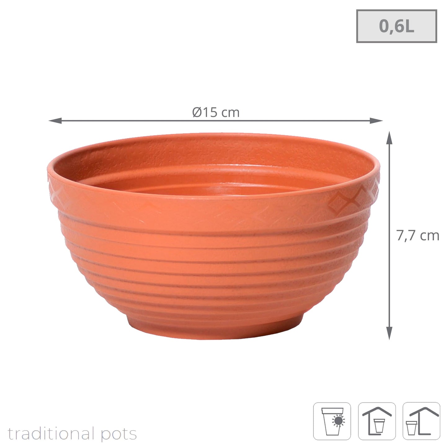 Maceta Misa 0,6l., Dimensiones (mm) 150x150x77, Color Terracota