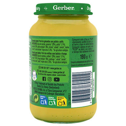 Puré de ervilhas, batata e frango biológico Gerber Baby, pote 190g