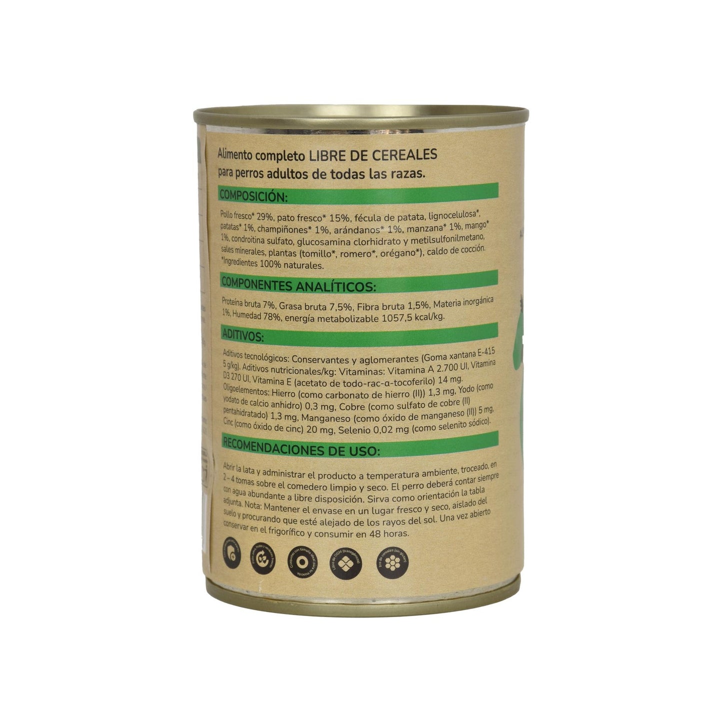 Ração húmida superpremium sem cereais para cães, frango e pato, 380g Planeta Huerto