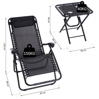 Outsunny 2 Sillas De Gravedad Cero Plegables Mesa Auxiliar Con Portavasos Negro_2