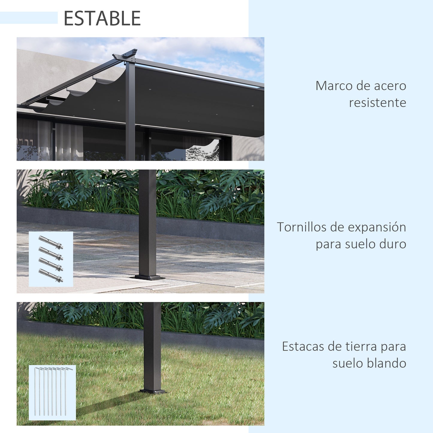 Outsunny Pérgola De Pared De Jardín 4x3 M Con Techo Retráctil Tela Poliéster_5