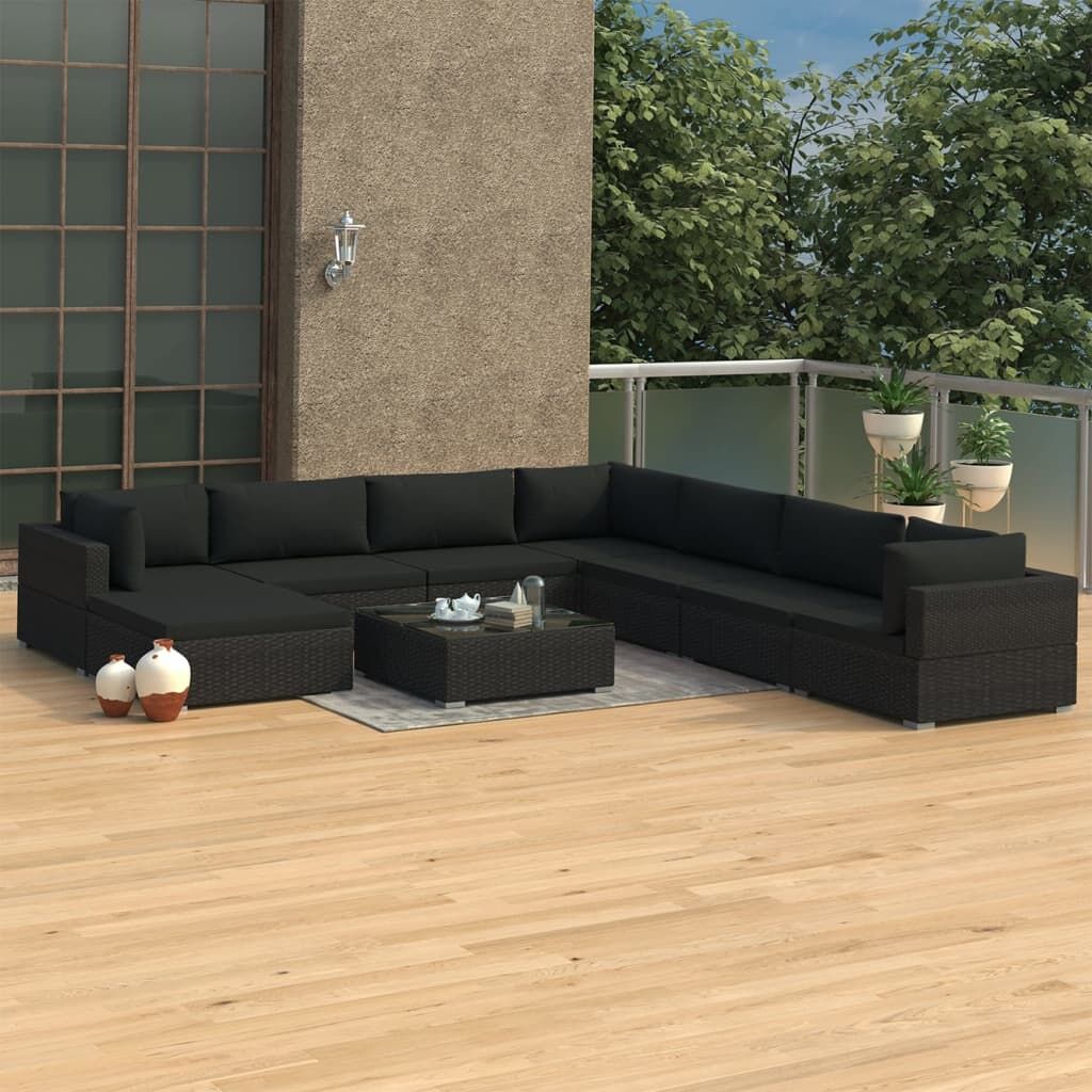 Vidaxl Set De Muebles De Jardín 9 Pzas Y Cojines Ratán Sintético Negro_1