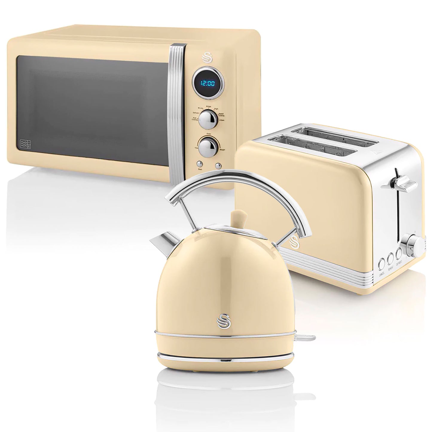 Swan Retro Set Desayuno Hervidor Agua 1,8l, Tostadora 2 Rebanadas, Microondas Digital 20l, Vintage, Strp2070cneu, Crema_0