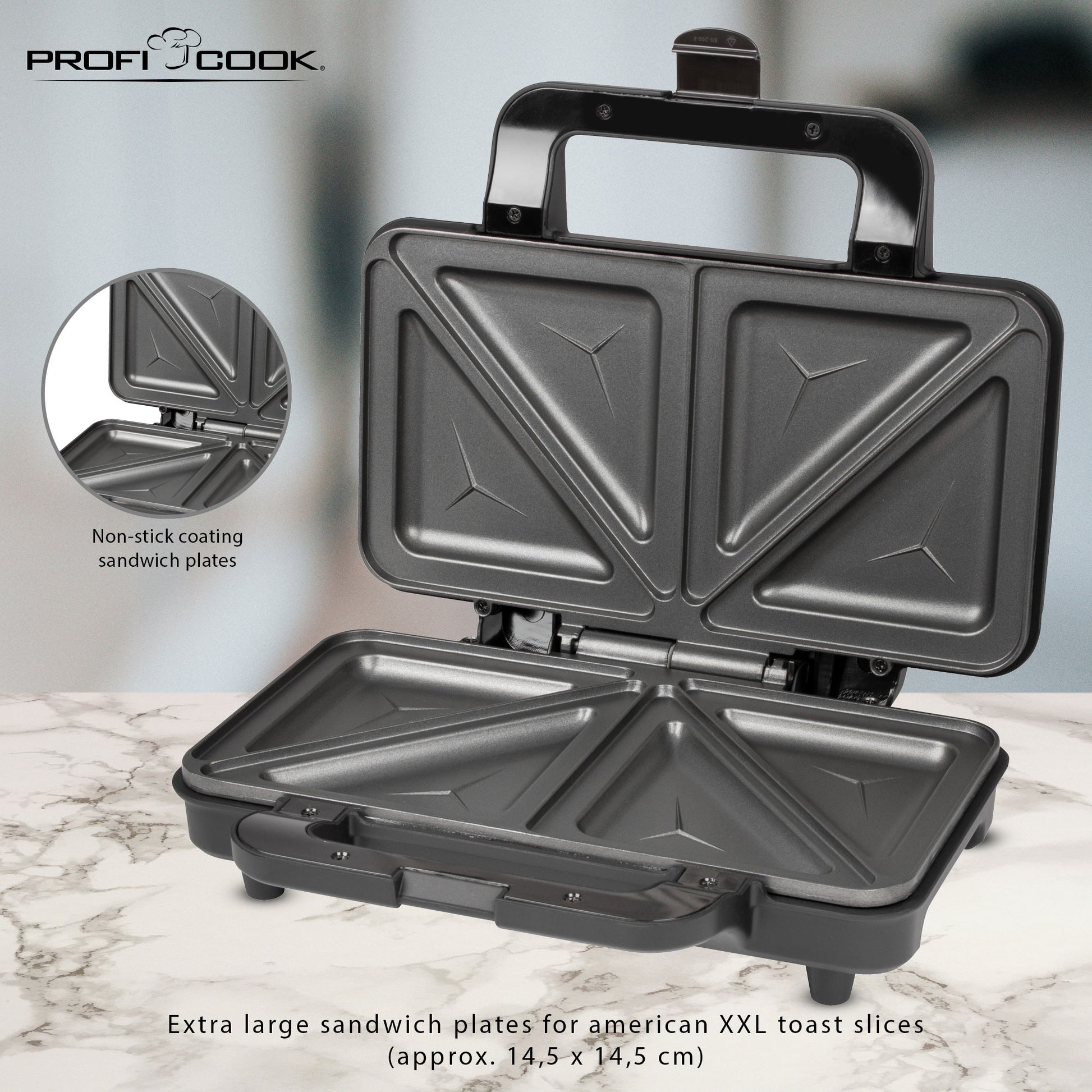 Sandwichera, 2 Sandwiches Xxl, Placas Antiadherentes, Tostado Perfecto, Acero Inoxidable Proficook St 1092 900w_3