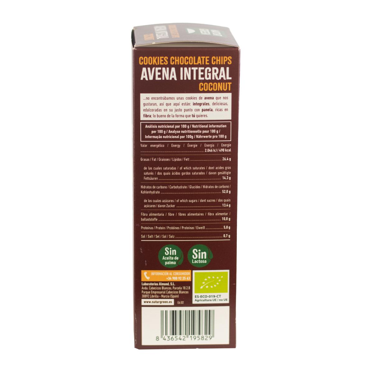 Bolacha Vegan com Aveia Integral, Pepitas de Chocolate e Coco Biológico Naturgreen 140 g