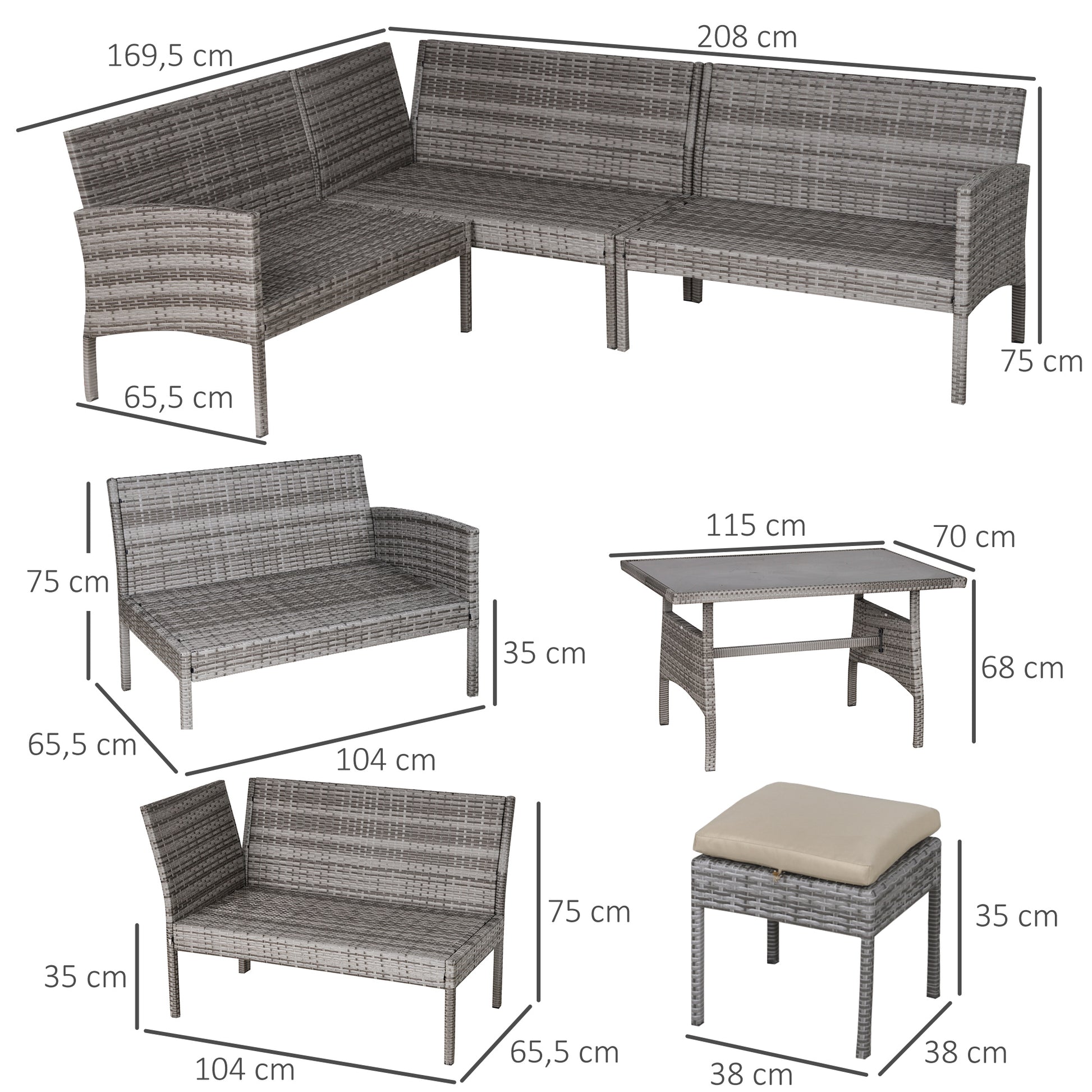 Outsunny Conjunto De Muebles De Jardín 6 Piezas De Ratán Sofás De 2 Plazas_2
