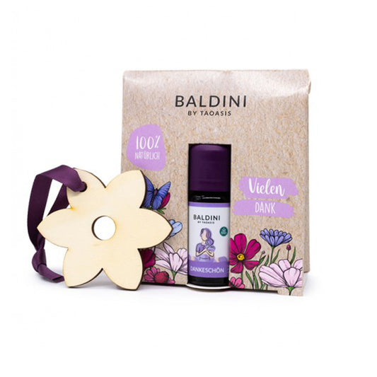 Kit de Aromas de Agradecimento. Clementina, gerânio rosa e fava tonka. 10 ml. e um pendente de madeira em forma de flor.