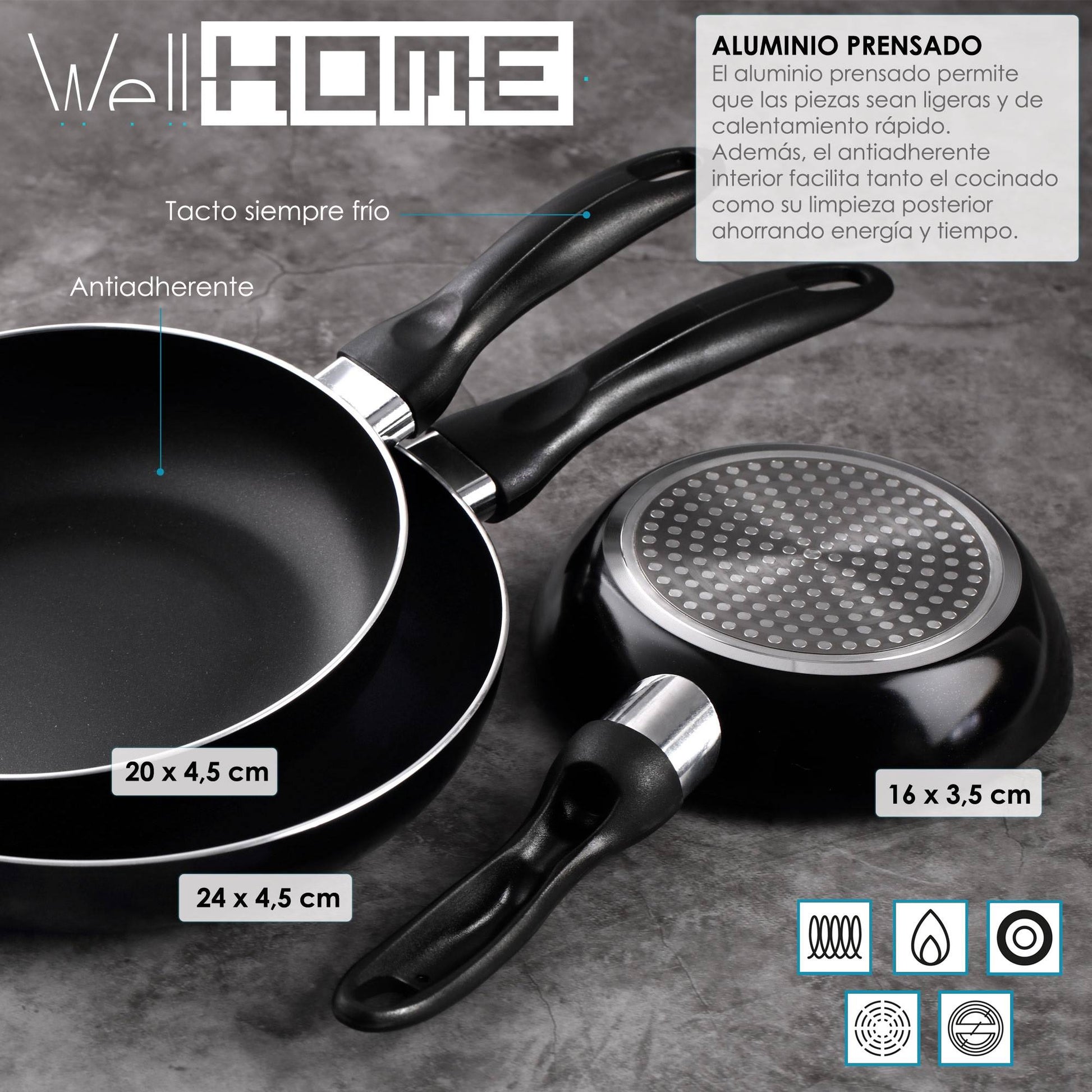 Set De 3 Sartenes Ø16ø20ø24 Aluminio Prensado + Batería De Cocina 8pzs Acero Inoxidable_1
