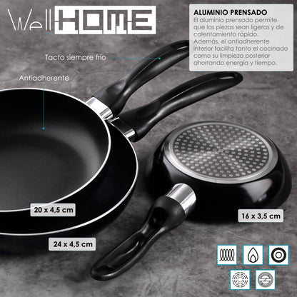 Set De 3 Sartenes Ø16ø20ø24 Aluminio Prensado + Batería De Cocina 8pzs Acero Inoxidable_1