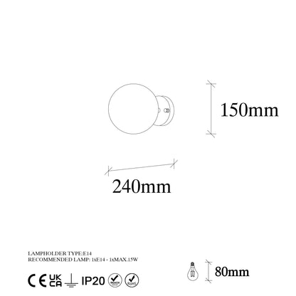Aplique De Pared Bomba Transparente, Metal , Vintage, 15x15x24, Casquillo E14 Max 15 W