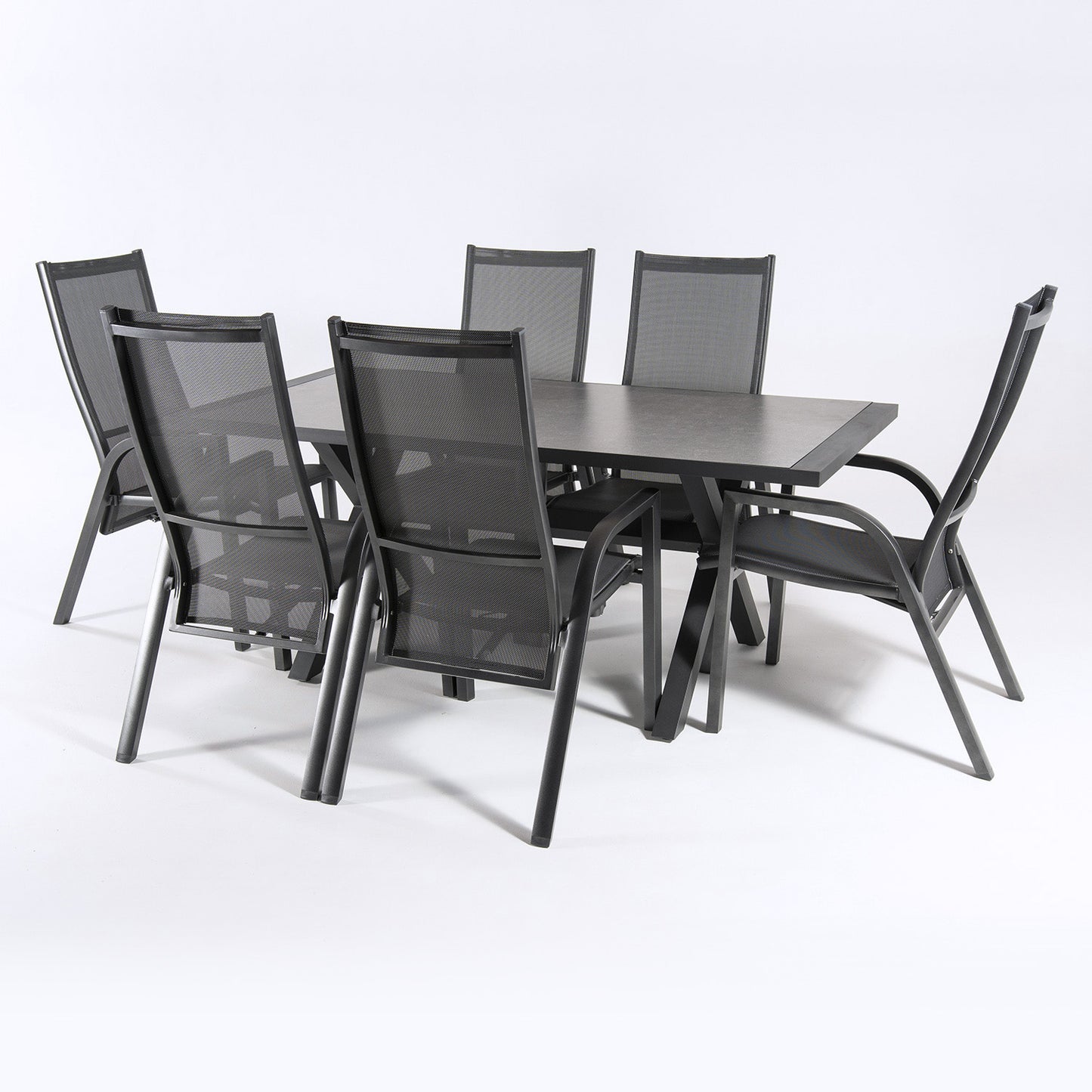 Conjunto Mesa Y Sillas De Exterior, Aluminio Reforzado Color Antracita, Mesa 180 Cm + 6 Sillones Reclinables, Patas En Forma De X_2