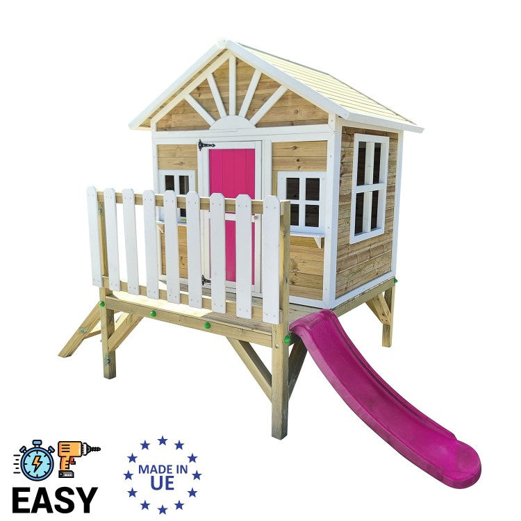 Casita Infantil De Madera Por Paneles Masgames Visby Elevada 60 Cm Rosa._0