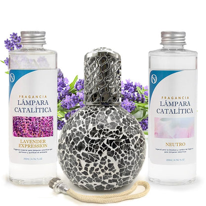 Pack Lámpara Catalítica Mosaico Negro + Fragancia Lavender Expression 200ml + Limpiador Neutro 200ml + Mecha De Repuesto_0