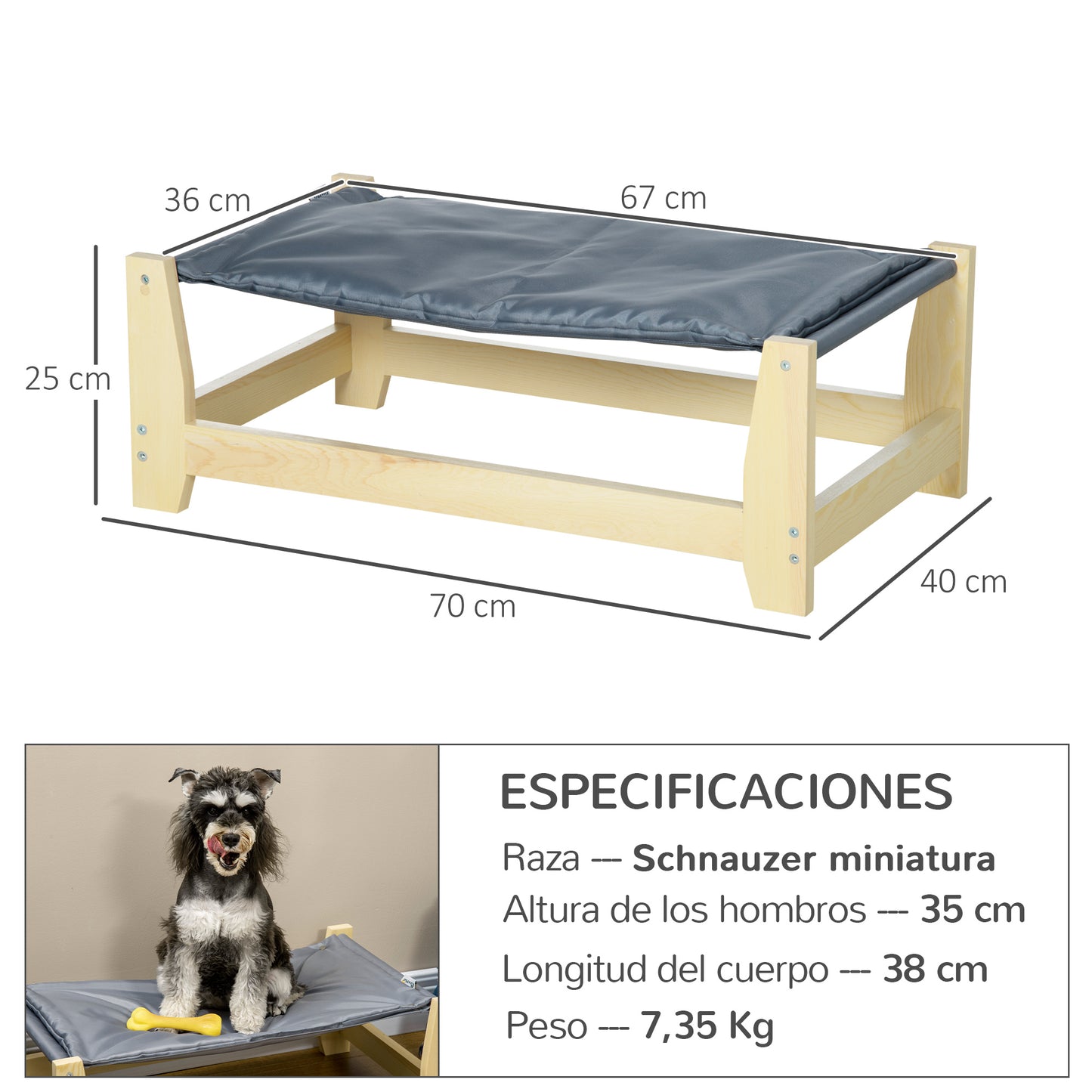 Pawhut Cama Elevada Para Perros Con Cojín Lavable Tela Oxford 70x40x25 Cm Gris_2