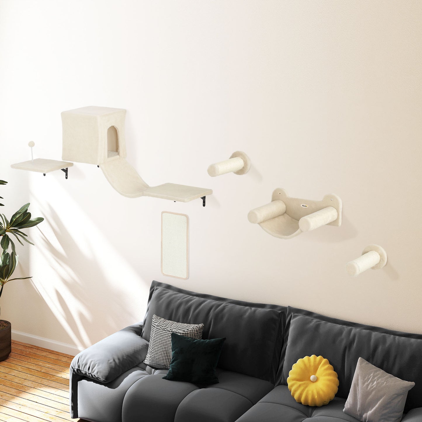 Pawhut Juego De Pared De Escalada Para Gatos 6 Piezas Con Condominio Plataforma_1