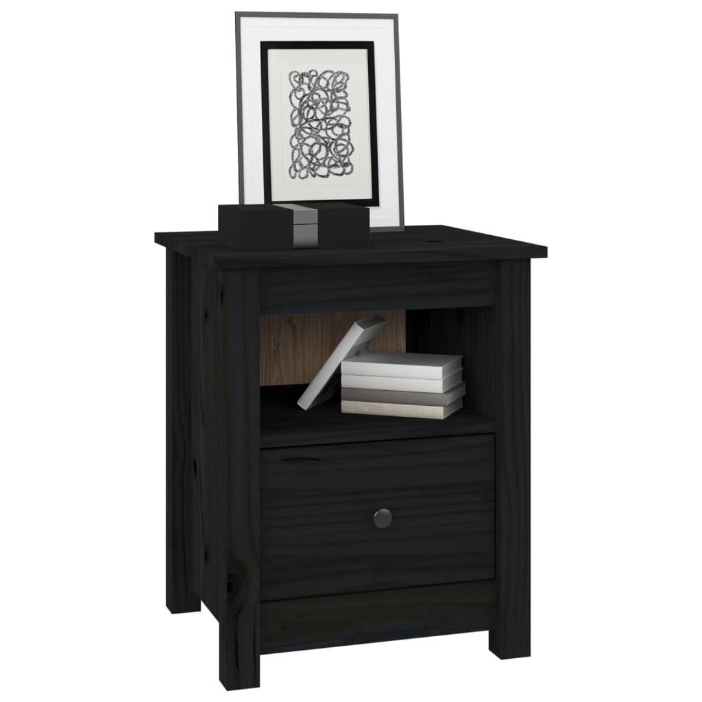 Mesita De Noche Madera Maciza De Pino Negra 40x35x49 Cm_1
